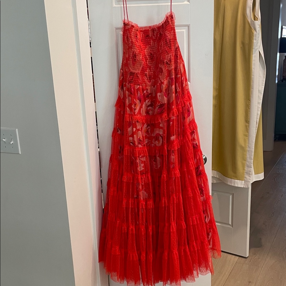 Anthropologie sheer red polkadot tulle and floral tube top dress